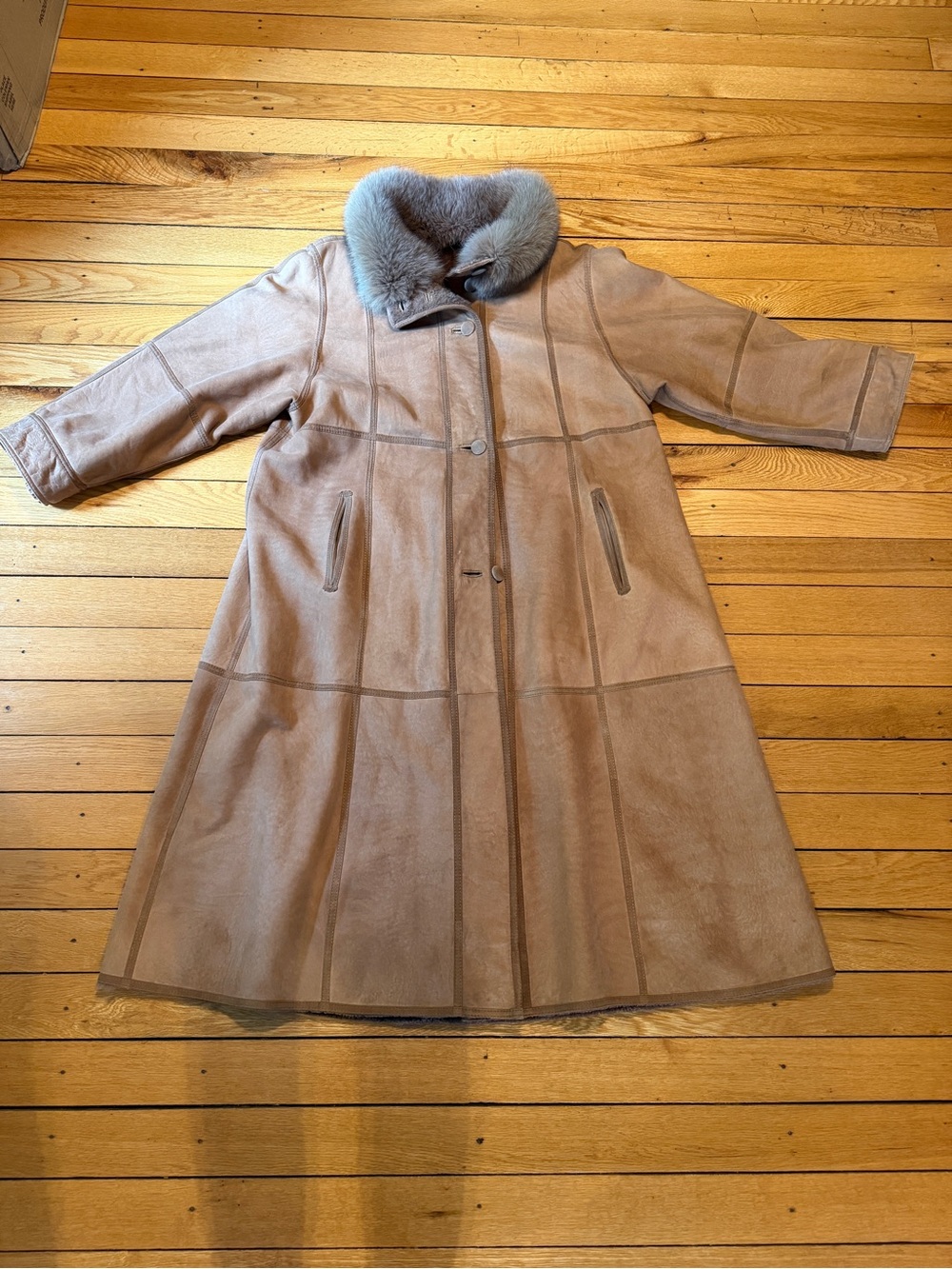 70s Vintage Camel Suede Shearling Penny Lane Long Coat Fur Collar Boho XL